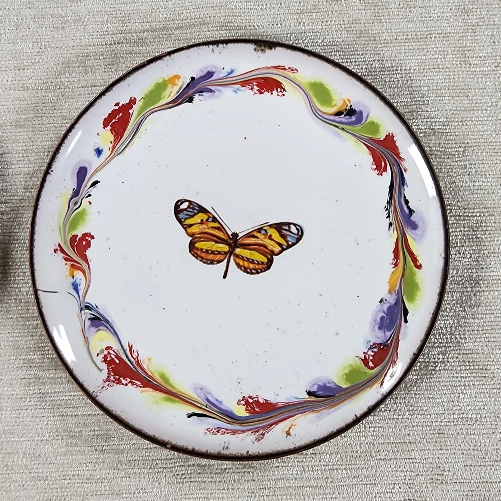 Vintage Brass and Enamel Butterfly Coaster Set Of 6 Cottagecore Boho Decor